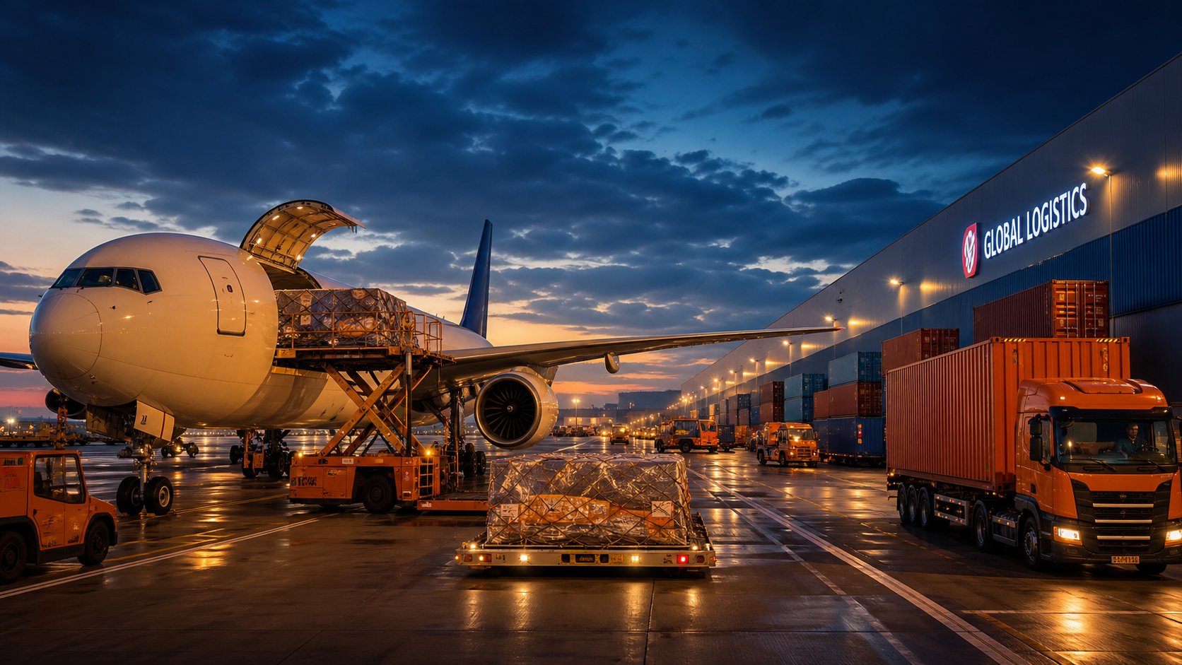 Logistics hub with cargo plane, containers and trucks at dusk